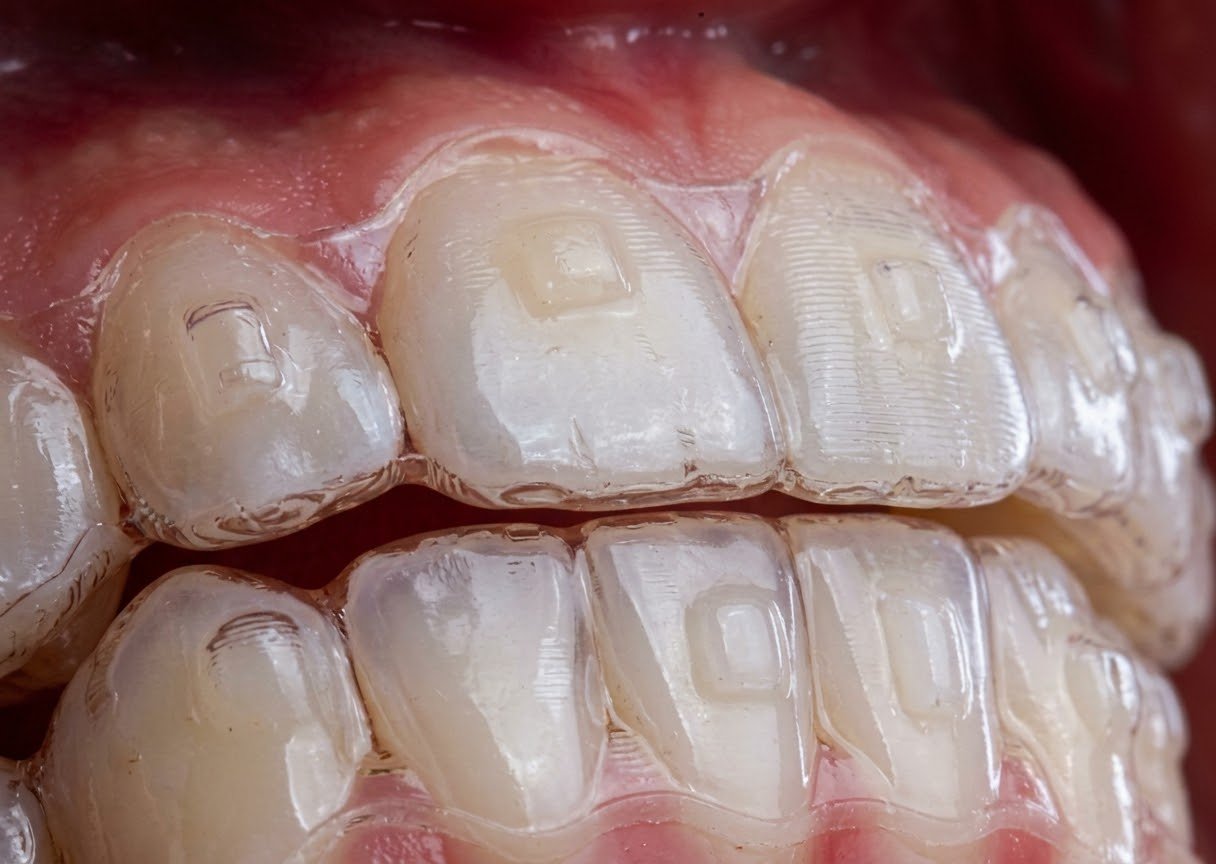 Close-up dos alinhadores em uso com attachments de resina visíveis nos dentes